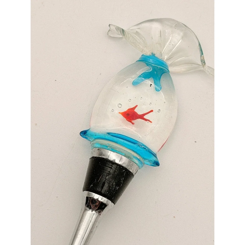 Hand Blown Glass Goldfish in a Bag Wine Bottle Stopper Nautical Aquatic Decor